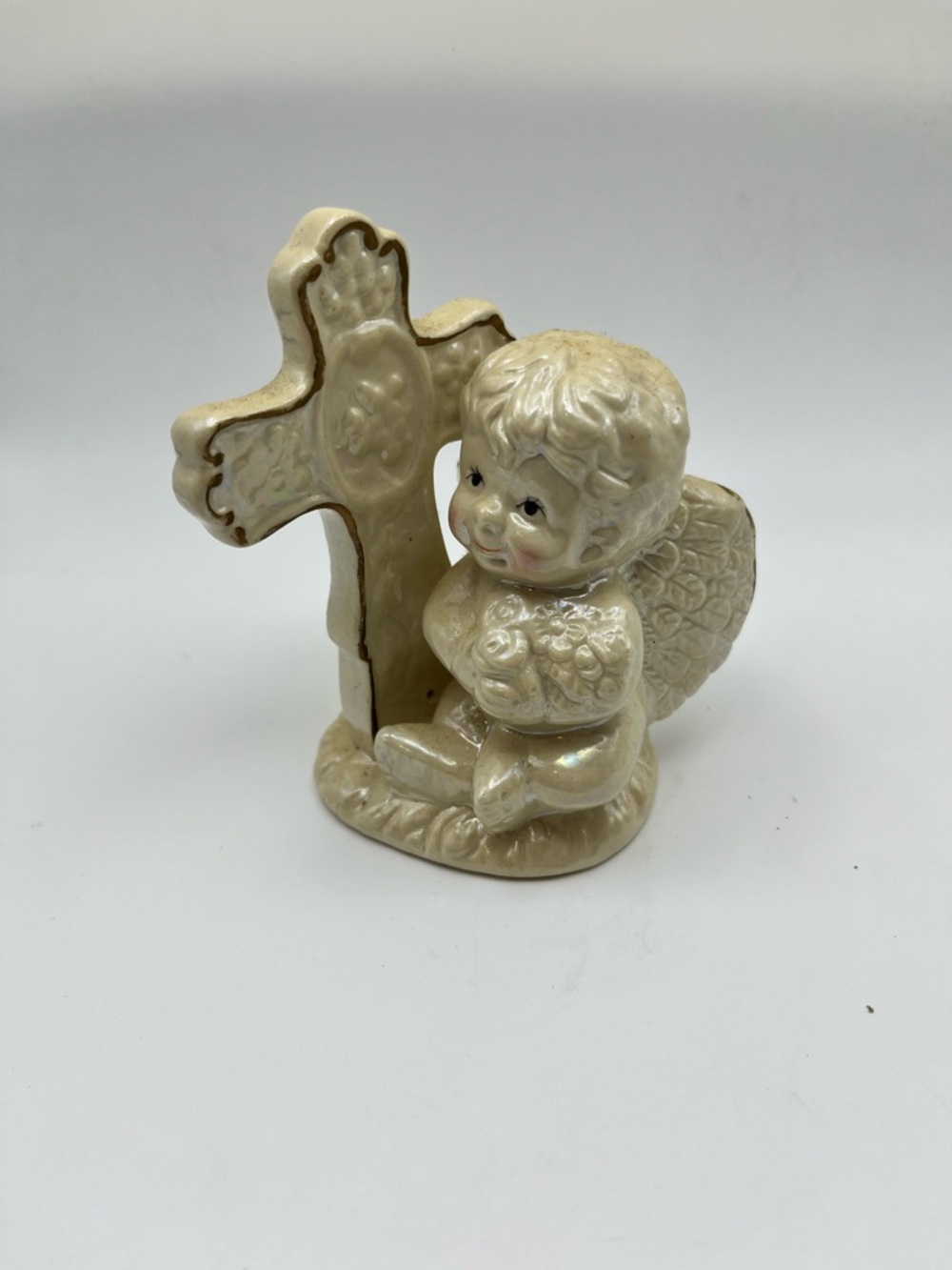 Cream Ceramic Angel Figurine with Cross - Decorative Home Accent